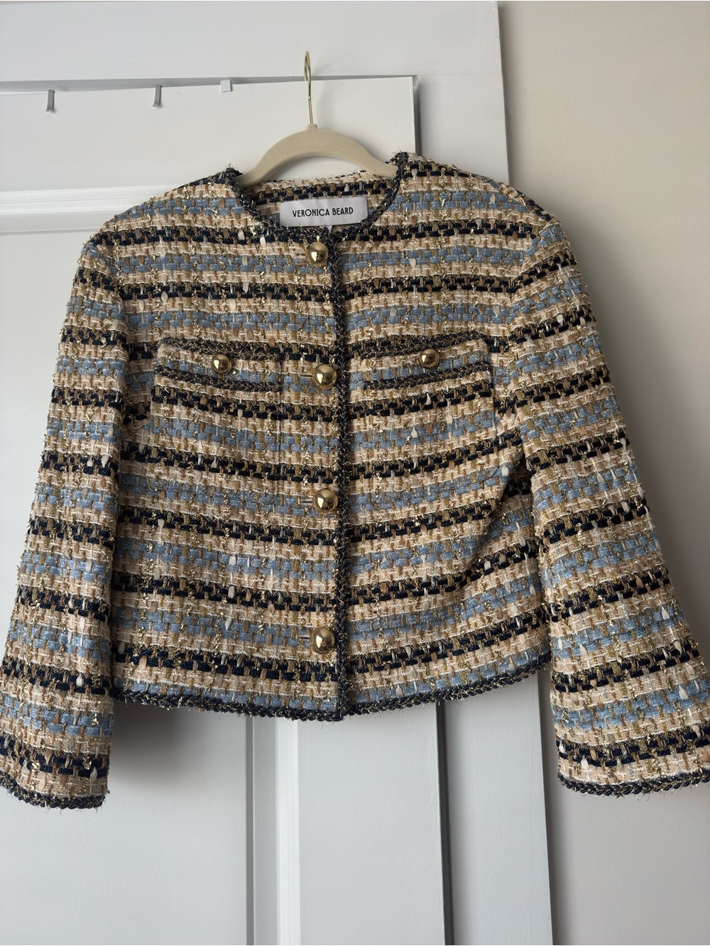 Veronica Beard Light Blue, Beige & Black Striped Tweed Cropped Blazer